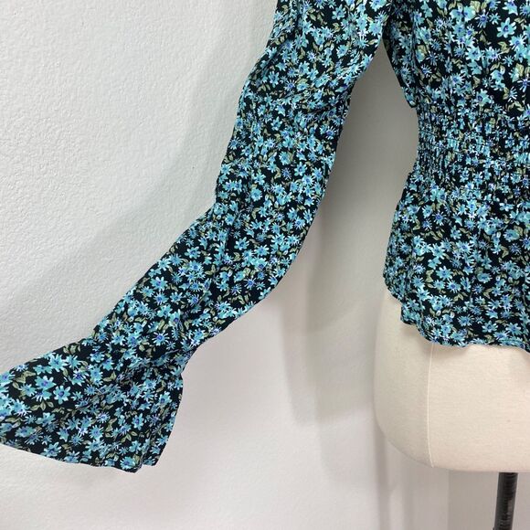 SO Baby Doll Top Large Blue Floral Crop Long Sleeves Fairy Goth Milkmaid Boho - Picture 11 of 15